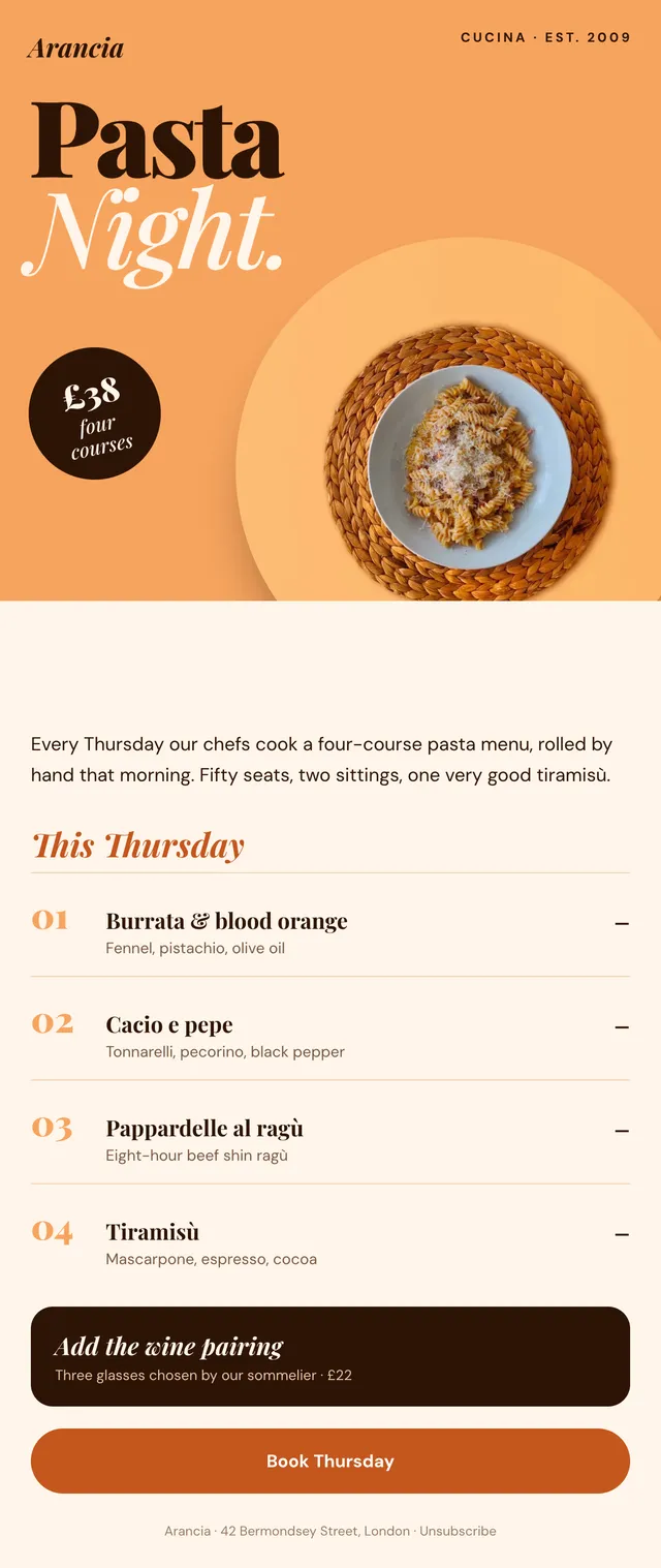Arancia email: Pasta night