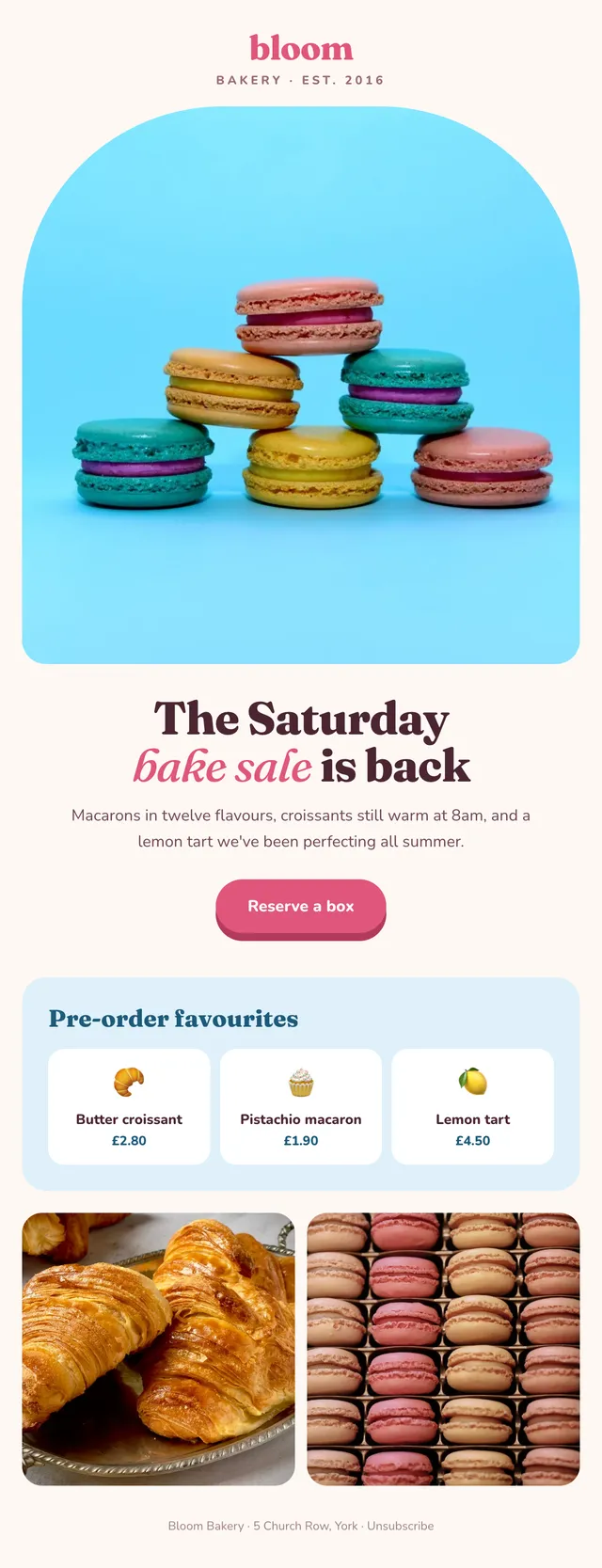 Bloom Bakery email: The Saturday bake sale is back