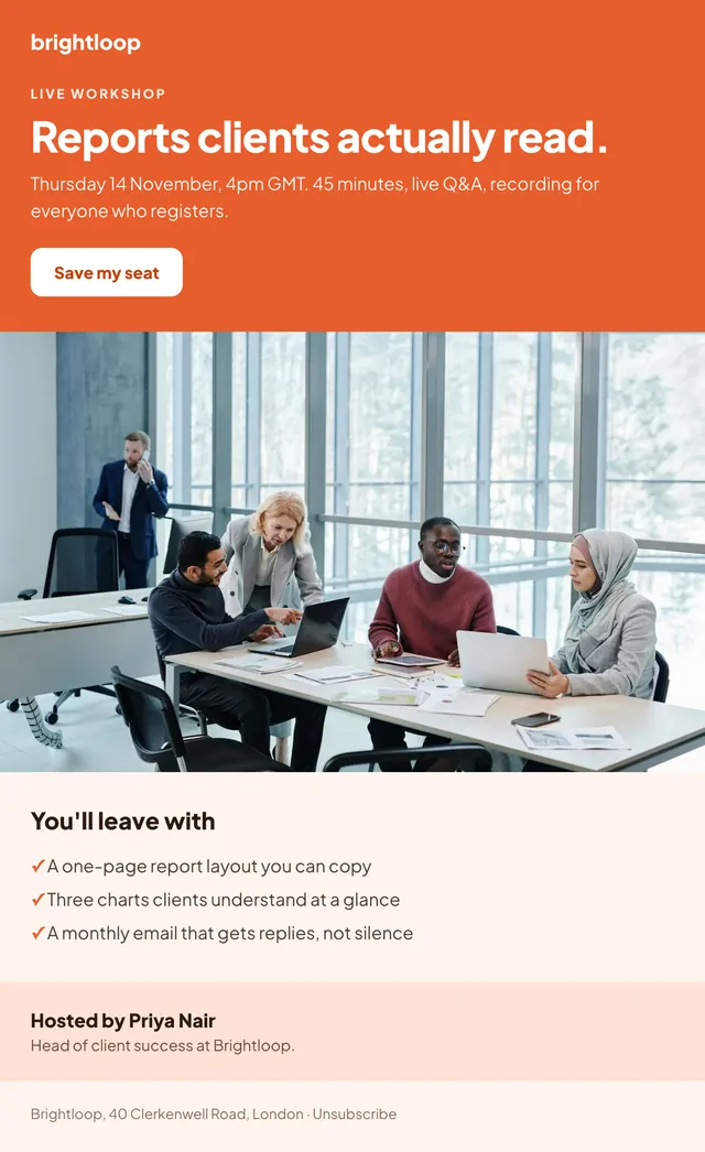 Brightloop email: Thursday: reports clients read
