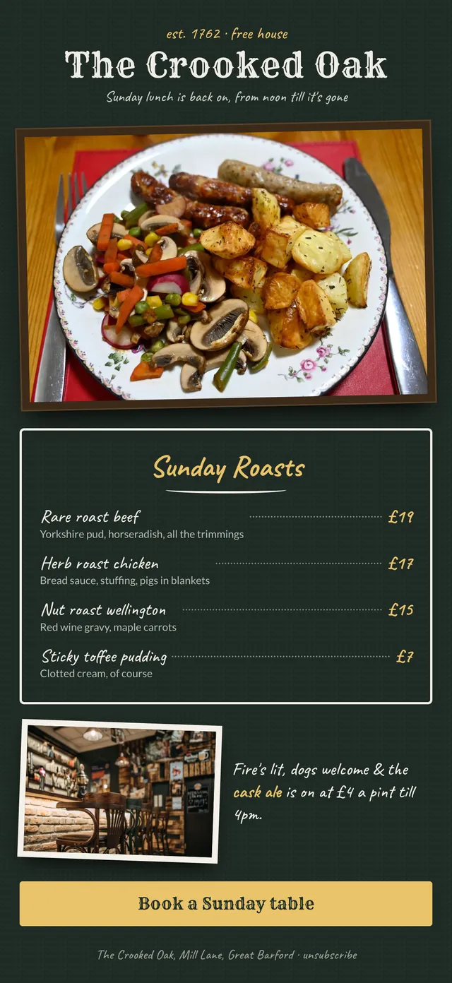 The Crooked Oak email: Sunday roasts are back
