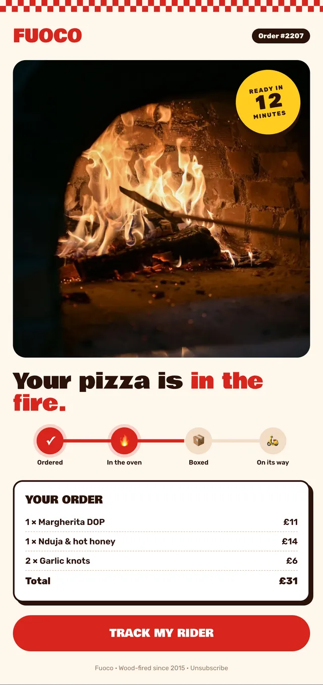 Fuoco email: Your pizza is in the fire