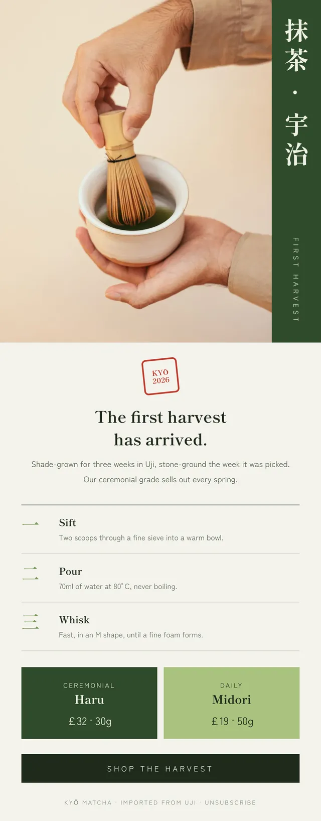 Kyō Matcha email: The first harvest has arrived