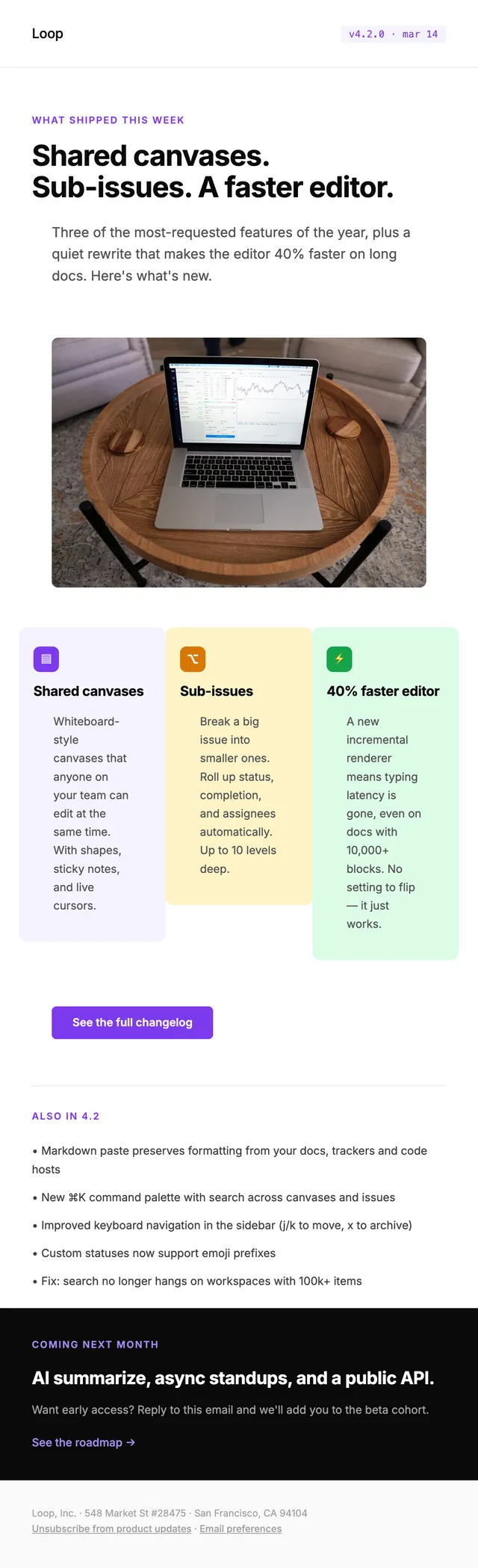 Loop email: Shared canvases, sub-issues, a faster editor