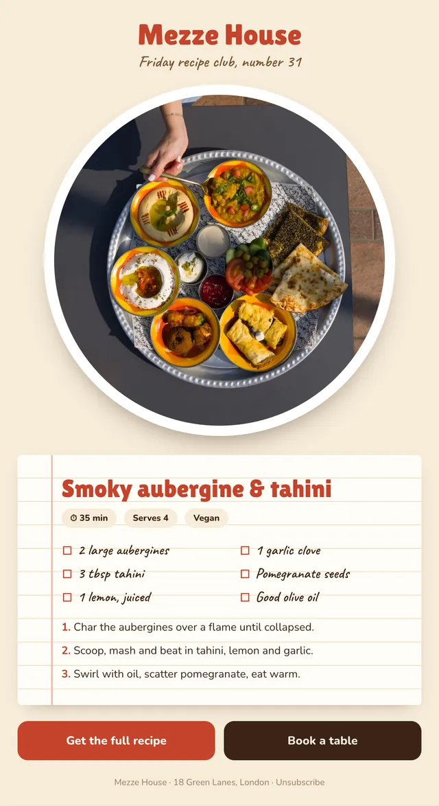 Mezze House email: Smoky aubergine & tahini