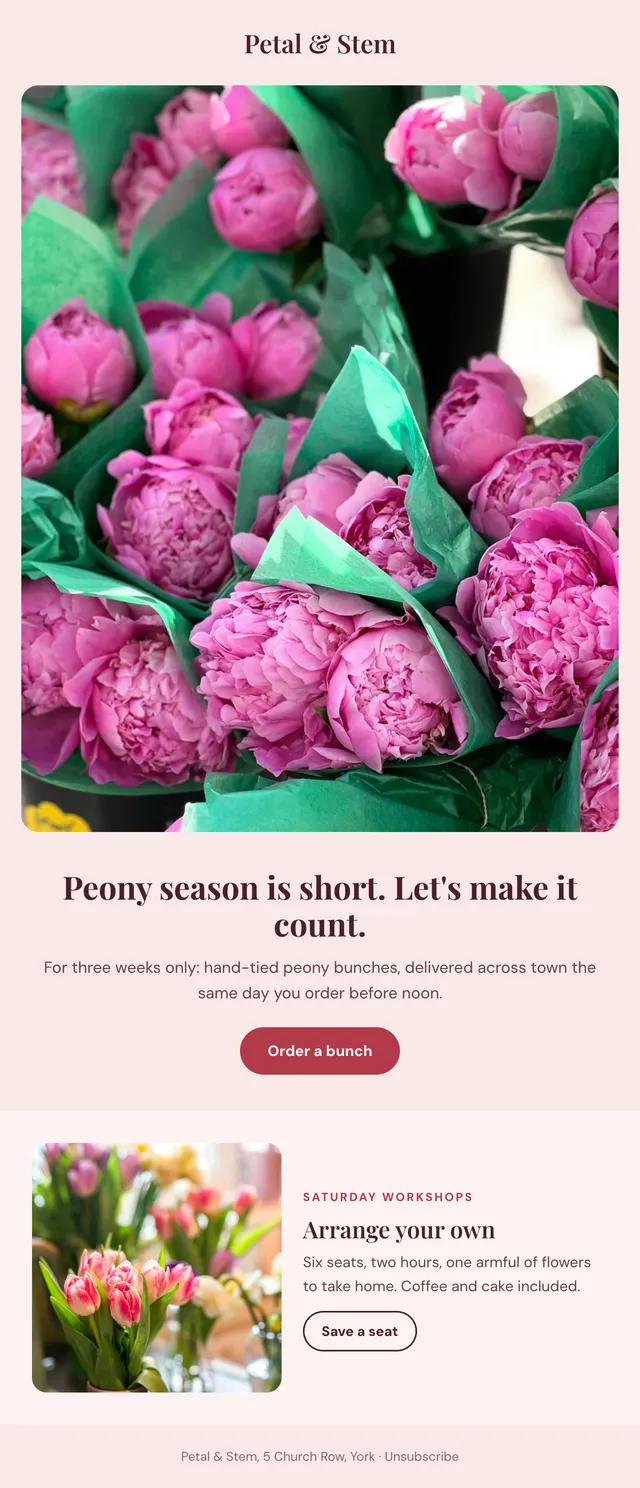 Petal & Stem email about peony season