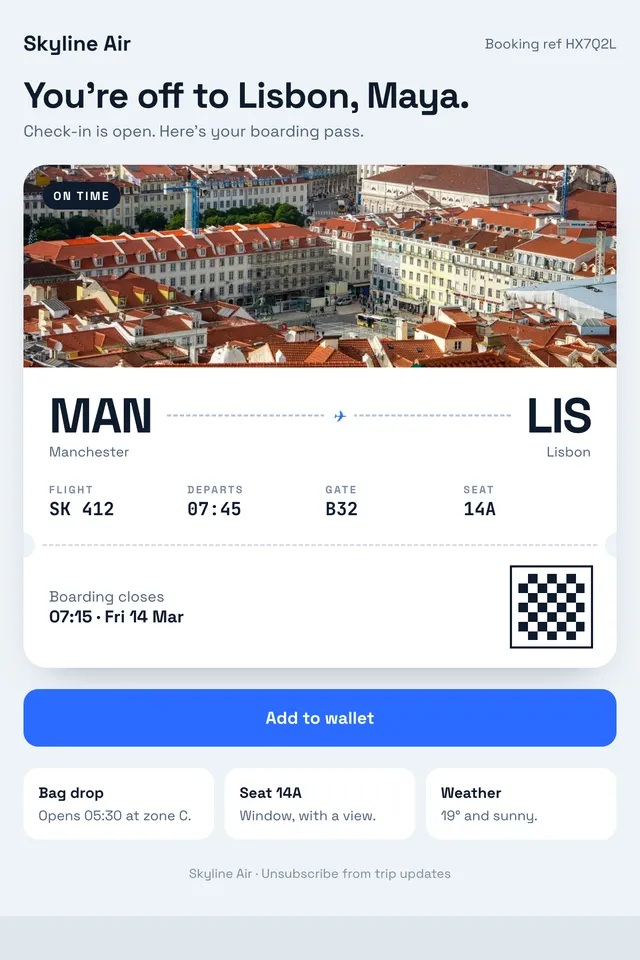 Skyline Air email: You’re off to Lisbon