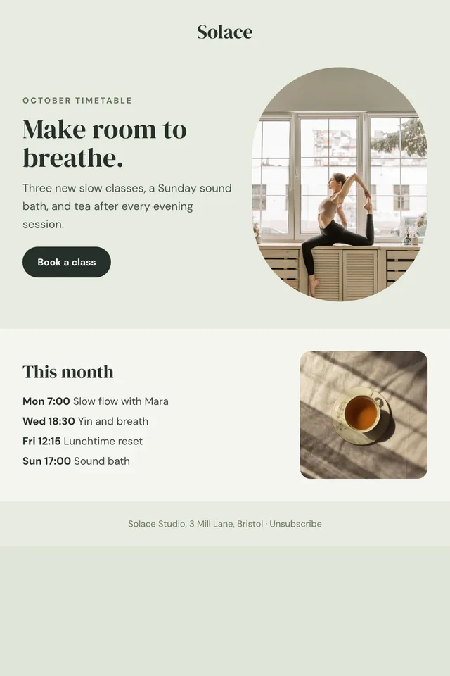 Solace Studio email: Make room to breathe