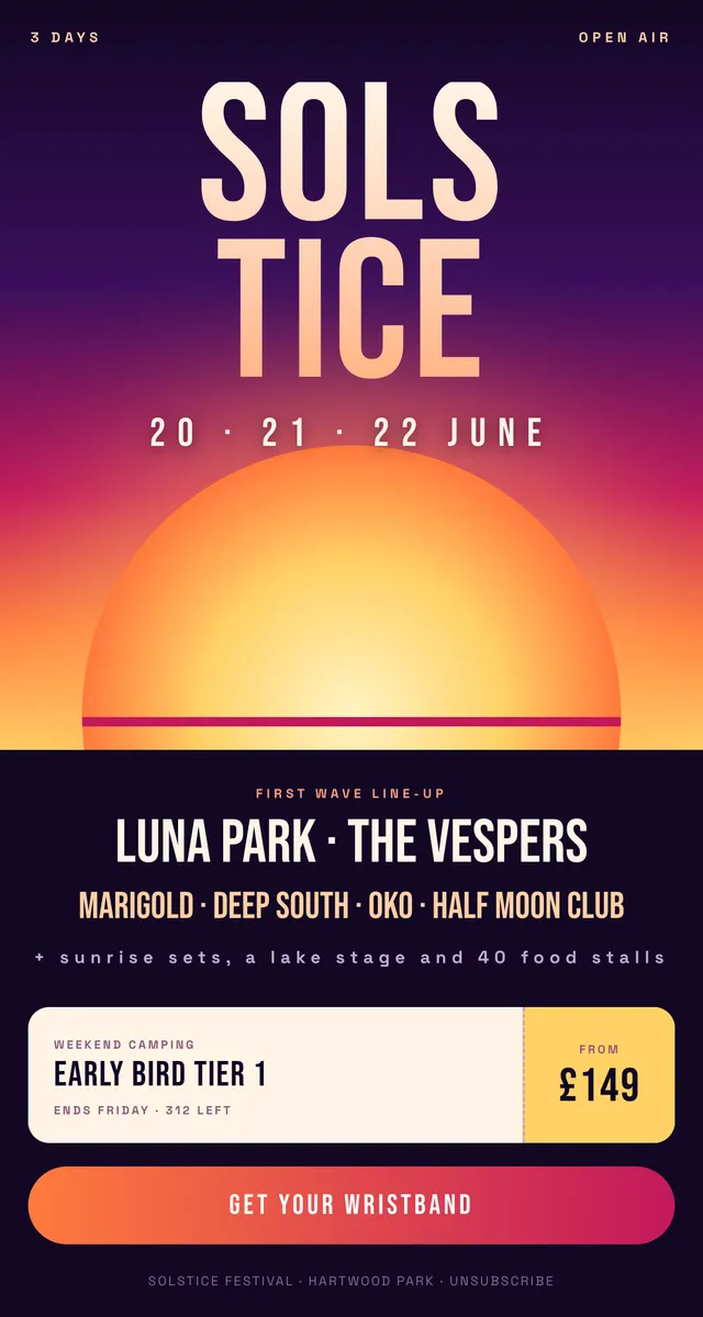 Solstice email: early bird tickets
