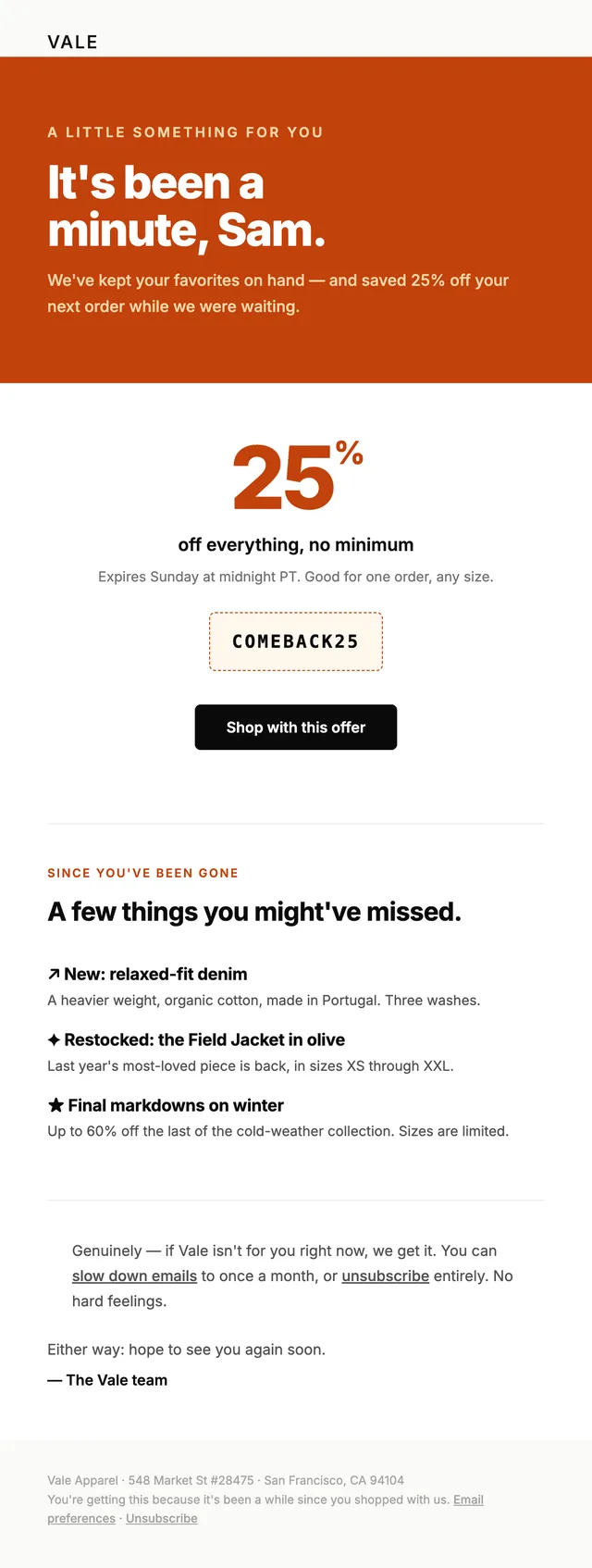 Vale email: It’s been a minute